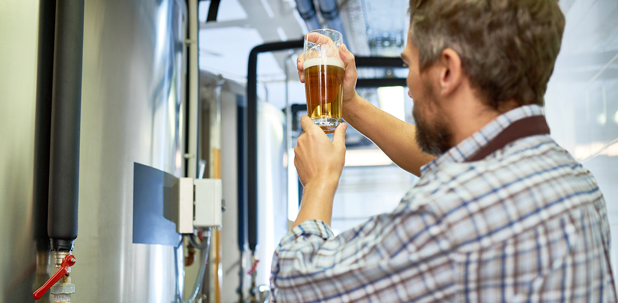 man inspecting beer at brewery