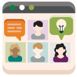 Icon with faces, lightbulb, talking icon for active learning